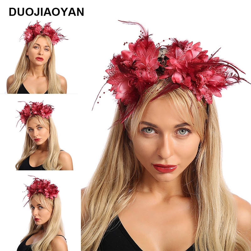 New Red Fabric Flower Feather With Skull Plastic Headband Halloween Headdress Factory Direct Sales display picture 2