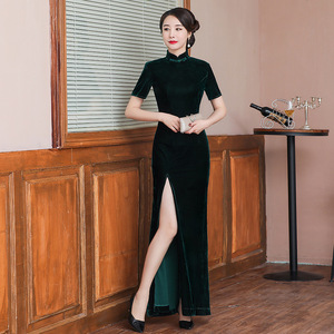 Dark green Velvet chinese dress qipao cheongsam for women side slit daily plus size improved middle-aged and elderly catwalk cheongsam dress