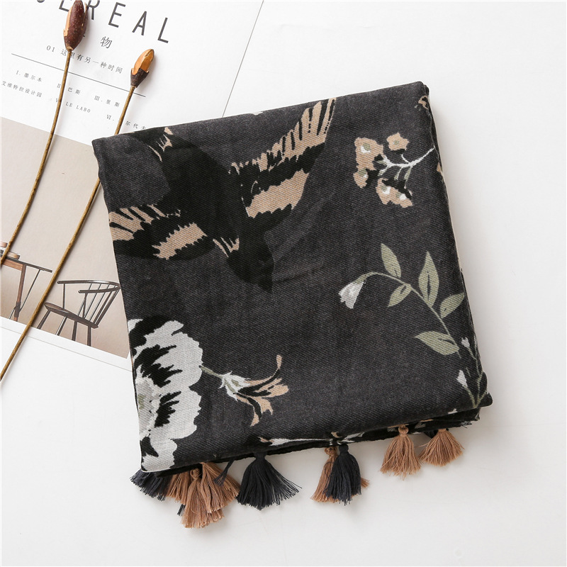 Fashion Camellia Cotton Linen Spring New Black And White Silk Scarf Beach Gauze Sunscreen Big Shawl For Women display picture 17