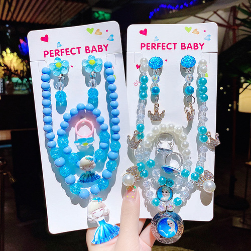 Children's necklace jewelry girl princess cute cartoon ring bracelet set hanging neck luminous crystal beaded jewelry