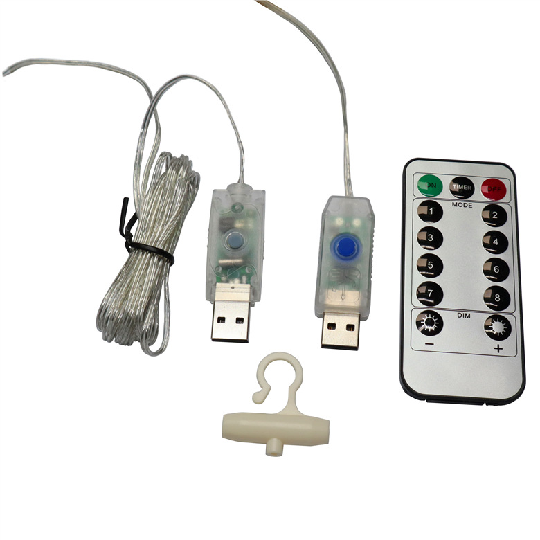 遥控USB铜线窗帘灯 USB铜线灯控制器 按钮8段灯串usb带遥控灯串|ms
