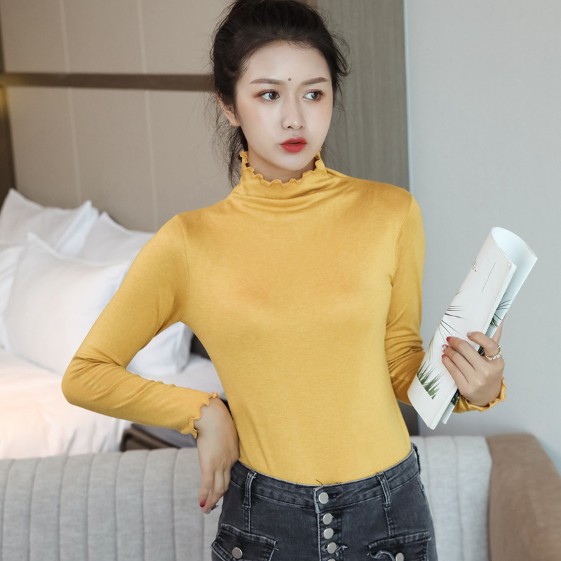 德绒腈纶发热 类羊绒荷叶边女士多彩双面磨毛打底上衣 时尚打底衫|ms