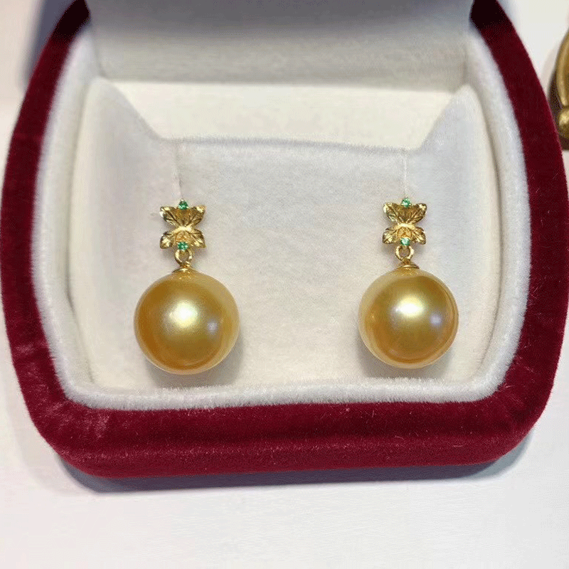 11-12mm sea water Nanyang gold bead earrings strong tea gold light 18K thick gold leaf gold bead earrings wholesale