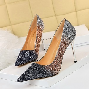 9219-35 Europe and sexy high heel with shallow mouth pointed color matching color gradient sequins high-heeled shoes wom