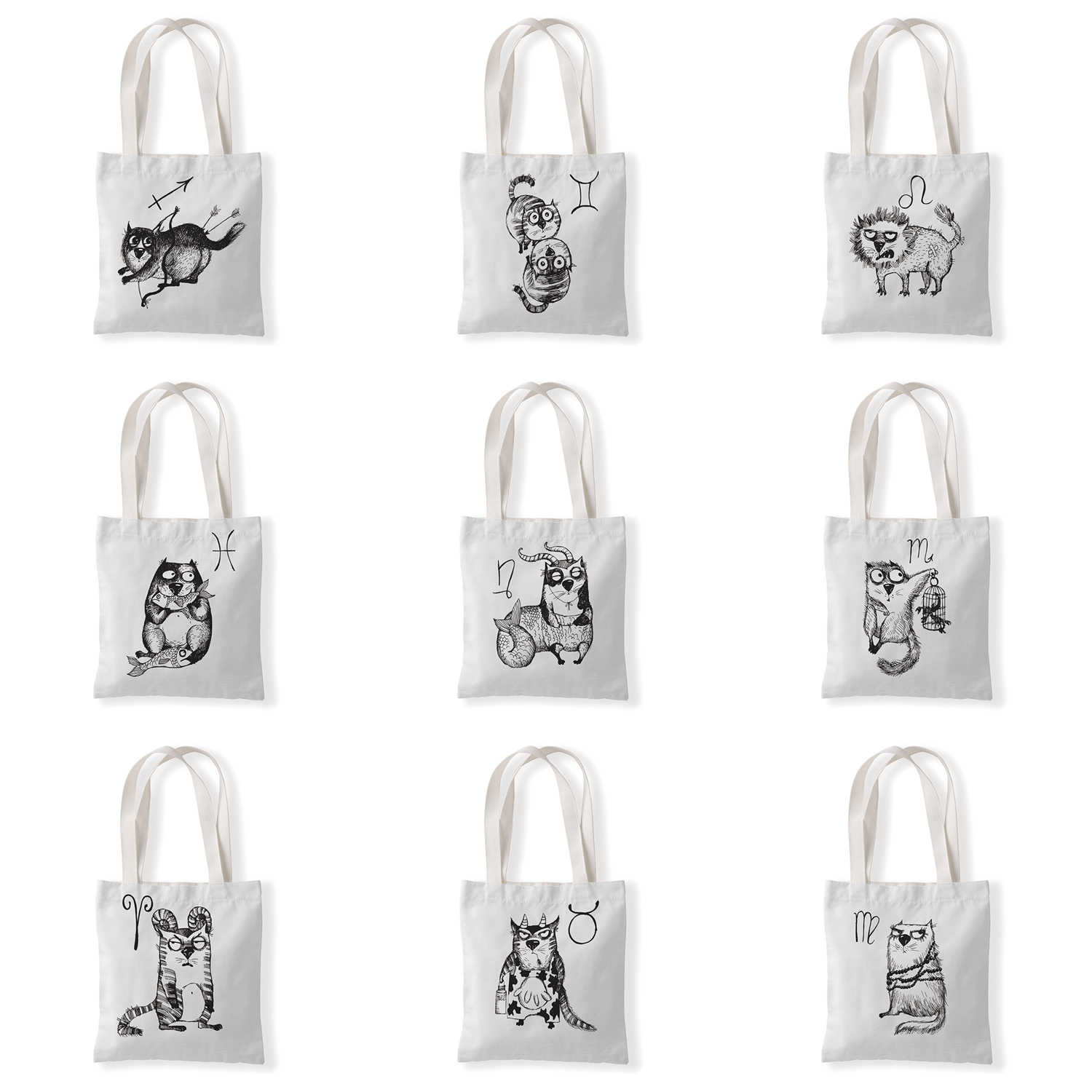 可爱猫咪星座印花帆布袋单肩袋休闲百搭包手拎零钱袋环保购物袋