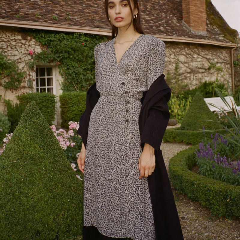 2023 New Arrival Rouje French Retro Women's Spring and Summer Slimming Elegant Chiffon Floral Print V-neck Tea Break Dress