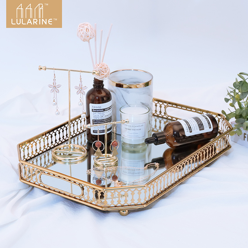 厂家北欧轻奢金色玻璃托盘珠宝首饰化妆品收纳展示托盘摆件首饰盒