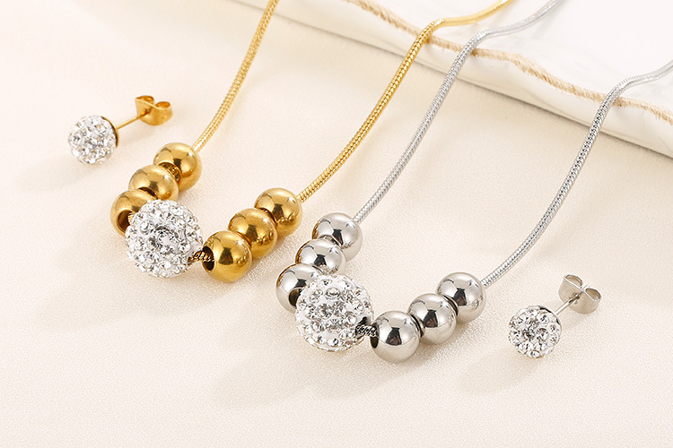 Korean temperament rhinestone small round bead necklace earring set stainless steel steel ball jewel