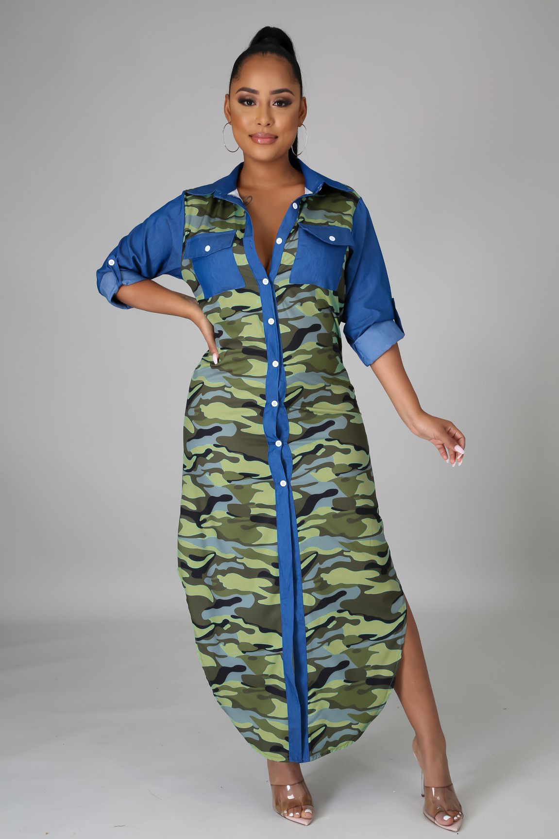 8211现货亚马逊ebay速卖通性感欧美爆款长袖迷彩拼接衬衫连衣裙