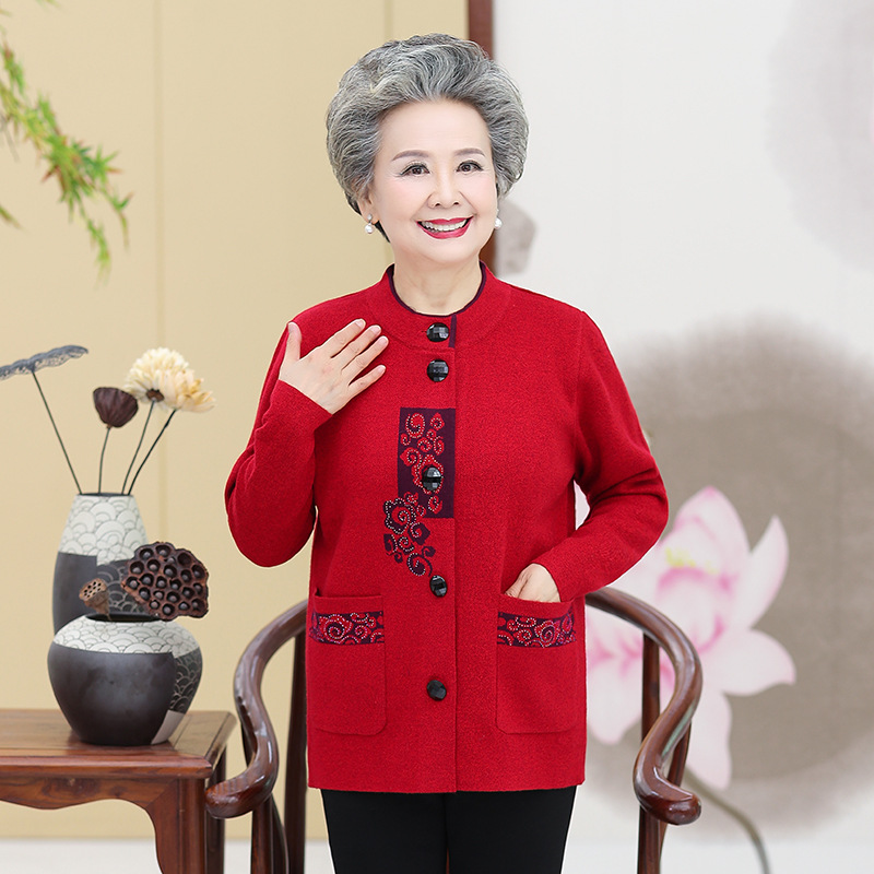 Grandma Autumn Knitted Sweater Cardigan Tang Suit Loose Top Clothes Coat Long Sleeve Fleece-lined Thickened Sweater for the Elderly Mother