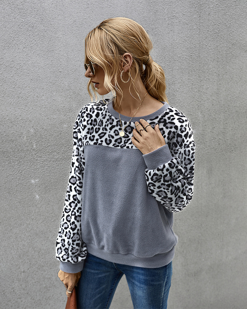 winter fleece sweater sexy leopard print contrast long-sleeved T-shirt NSKA296