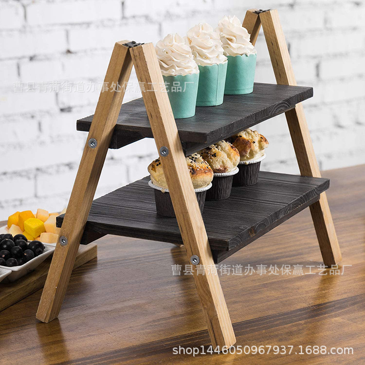 厂家美式乡村木质复古蛋糕展示架 2层木质甜品台摆件置物架