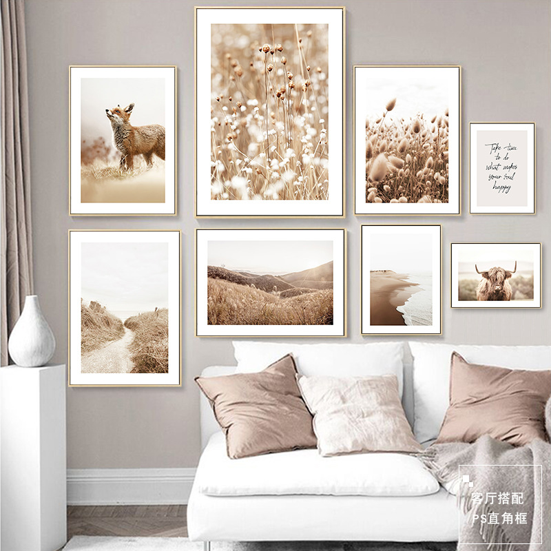 Autumn field living room sofa background wall warm landscape…
