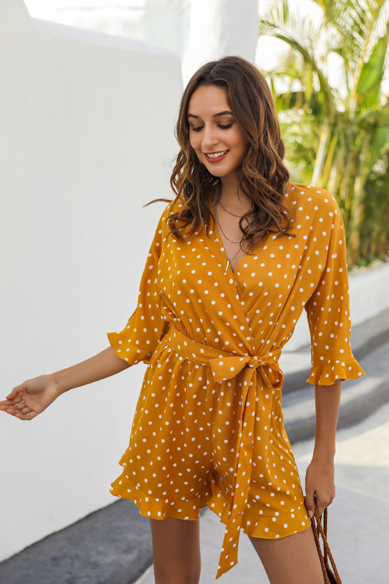 half-sleeve v neck lace-up polka dot jumpsuit NSHNF117262