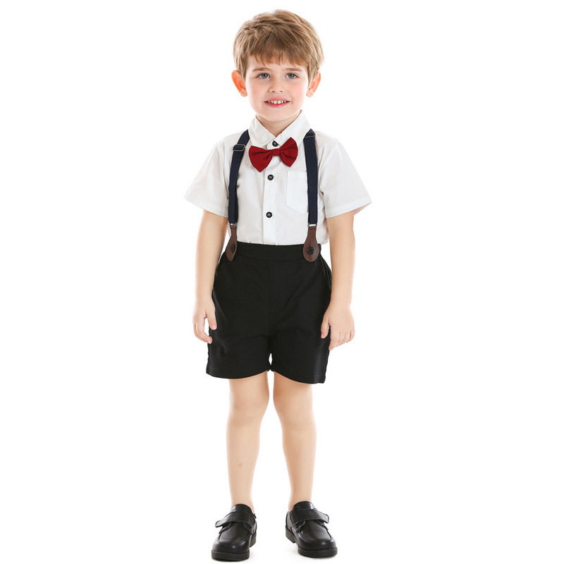 Kid Overalls Shorts Suit Bow Tie Pure White Shirt Two-piece Suit display picture 1