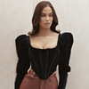 New Korean velvet long sleeve sexy chest Cup square neck short top