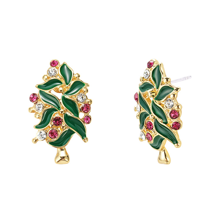 Personality colored diamond earrings jewelry creative enamel alloy electroplating colored diamond Christmas tree earrings for women