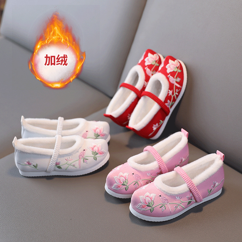 冬季汉服鞋子女儿童中国风加绒绣花鞋复古唐装翘头棉鞋拜年鞋批发