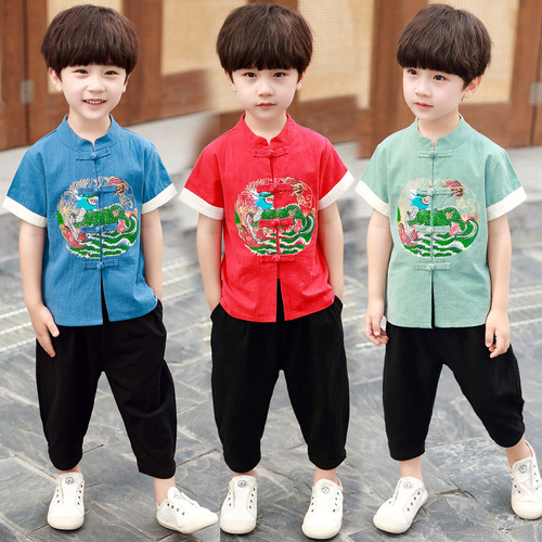 Cotton linen children boys Hanfu chinese tang suit short sleeve boy's  Dragon Phoenix wushu performance suit for kids 