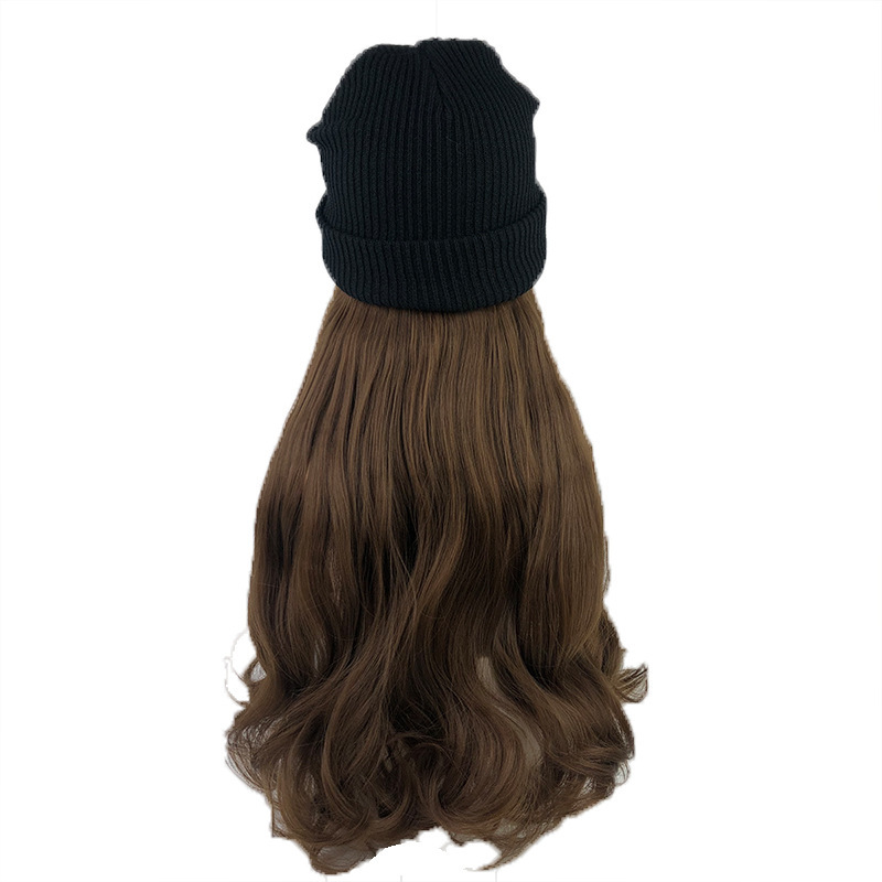 fashion wool knitted hat wig all in one winter warm Ruili long curly big wave full head cover_voghion.com