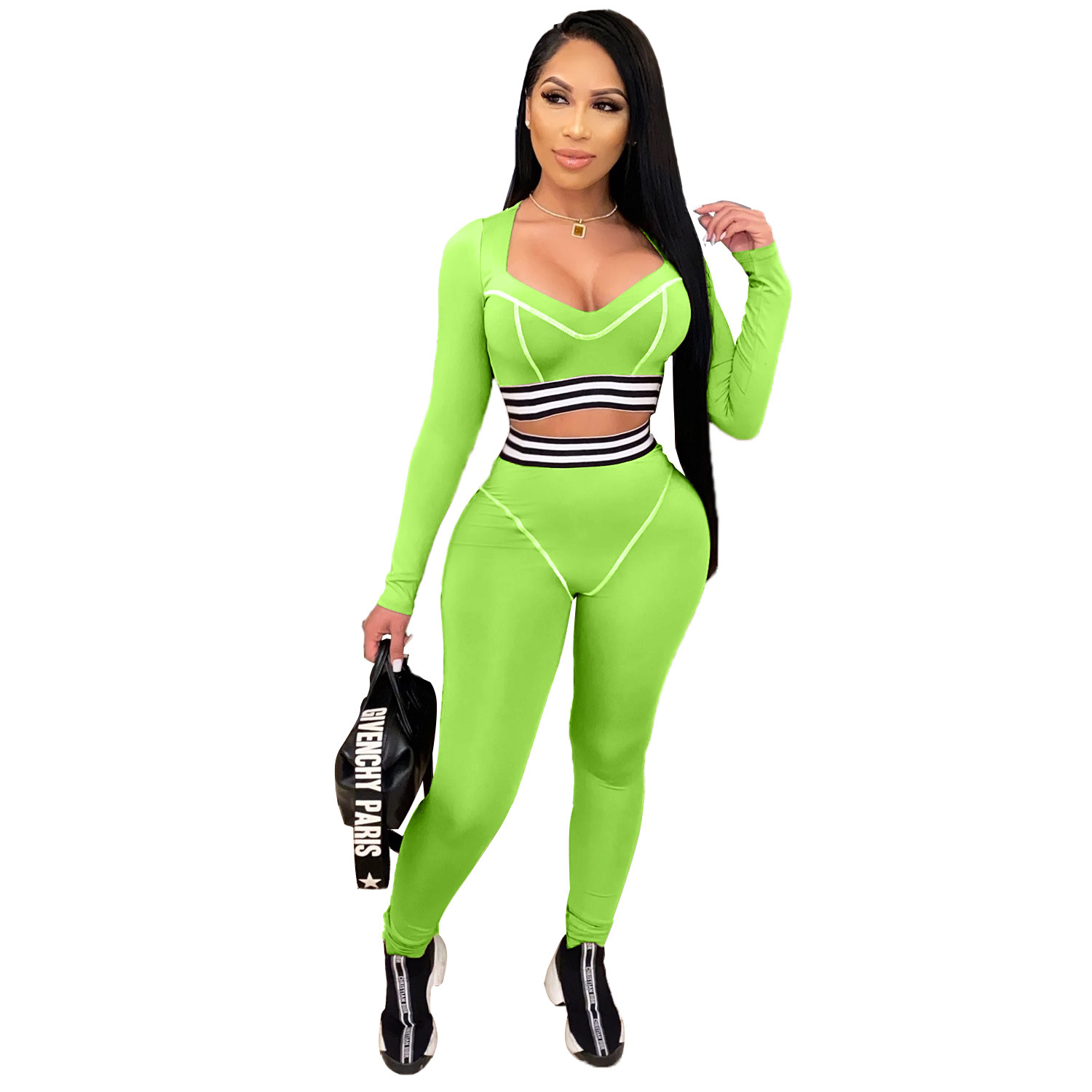 Women's Simple Style Solid Color Cotton Blend Polyester V Neck Tracksuit Wrap Crop Top Skinny Pants Sweatpants display picture 33