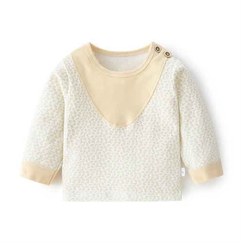 Baby pure cotton single-layer autumn and winter T-shirt patchwork cotton and wool 03 years old infant children spring and autumn shoulder opening base shirt children's clothing