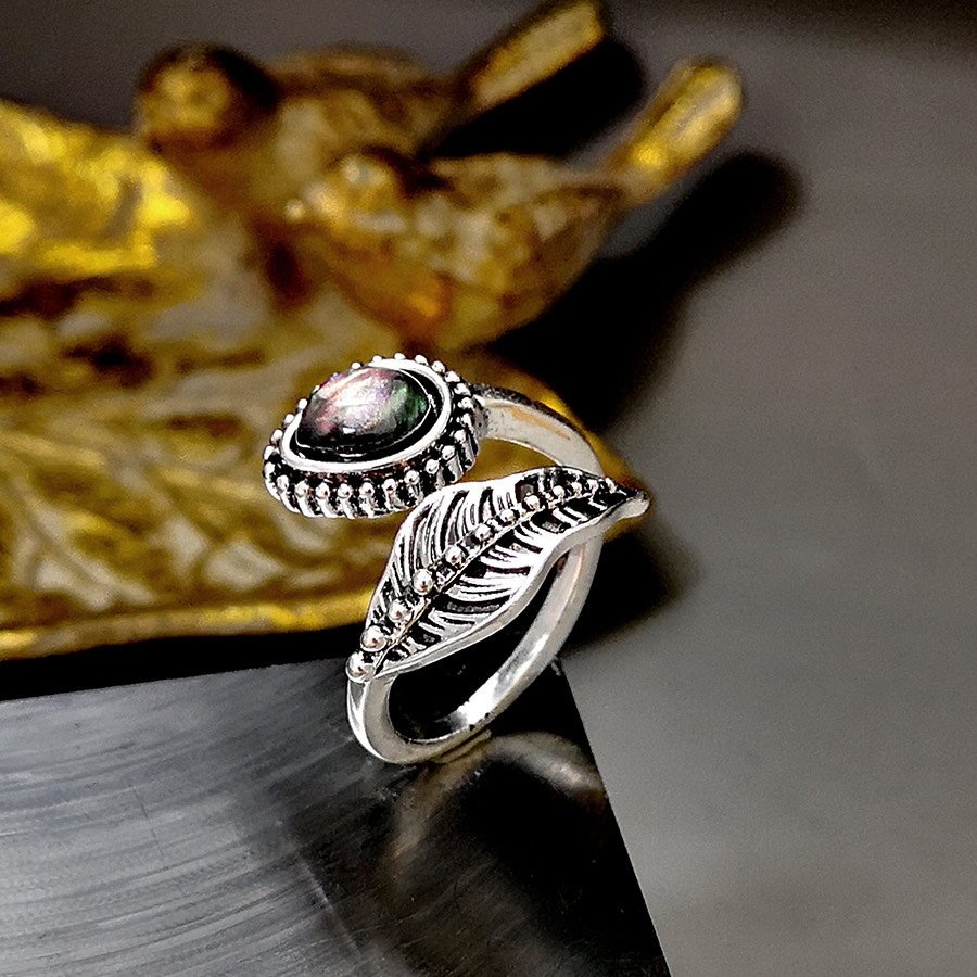 new bohemian shell moonstone ring creative leaves Thai silver ring wholesale