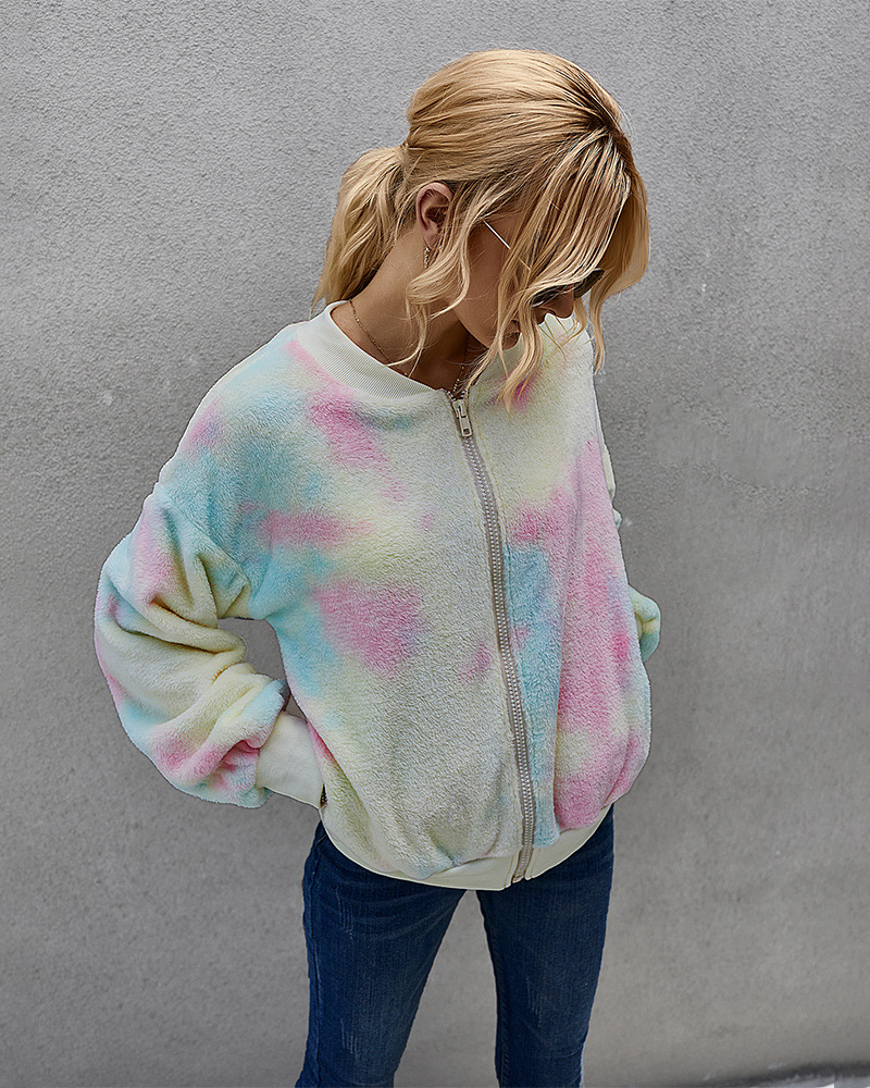 women s clothing winter contrast color tie-dye long-sleeved plush jacket women NSKA214