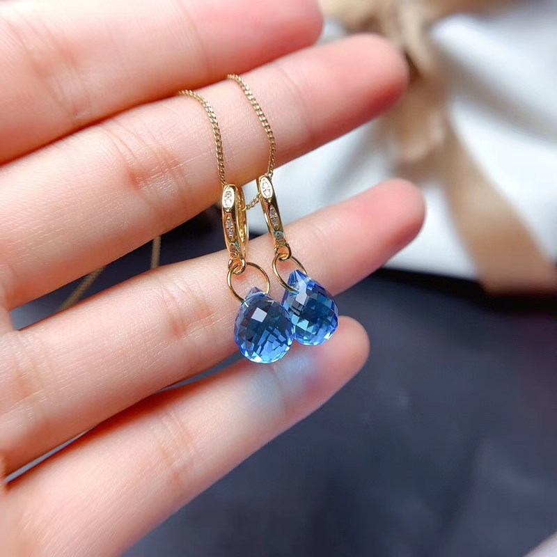 新款到货天然s925银镀18k金蓝色托帕石耳坠 简约时尚精品一件代发