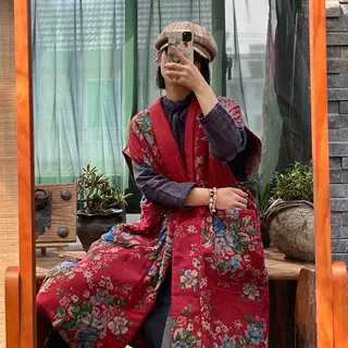 落古泥棉麻撞色宽松夹棉长坎肩1603红大花