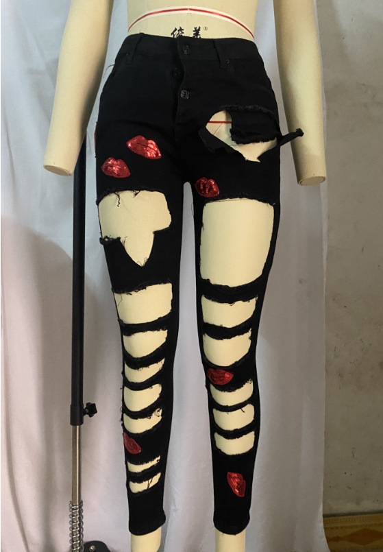 new black ripped stretch jeans nihaostyle clothing wholesale NSTH69163