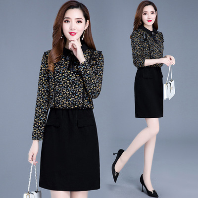 名媛风碎花拼接假两件连衣裙2020秋季时尚修身淑女减龄气质打底裙|ru