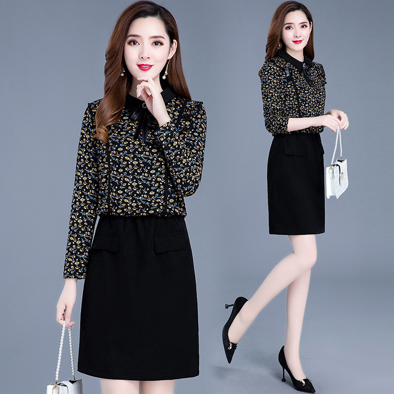 名媛风碎花拼接假两件连衣裙2020秋季时尚修身淑女减龄气质打底裙|ru