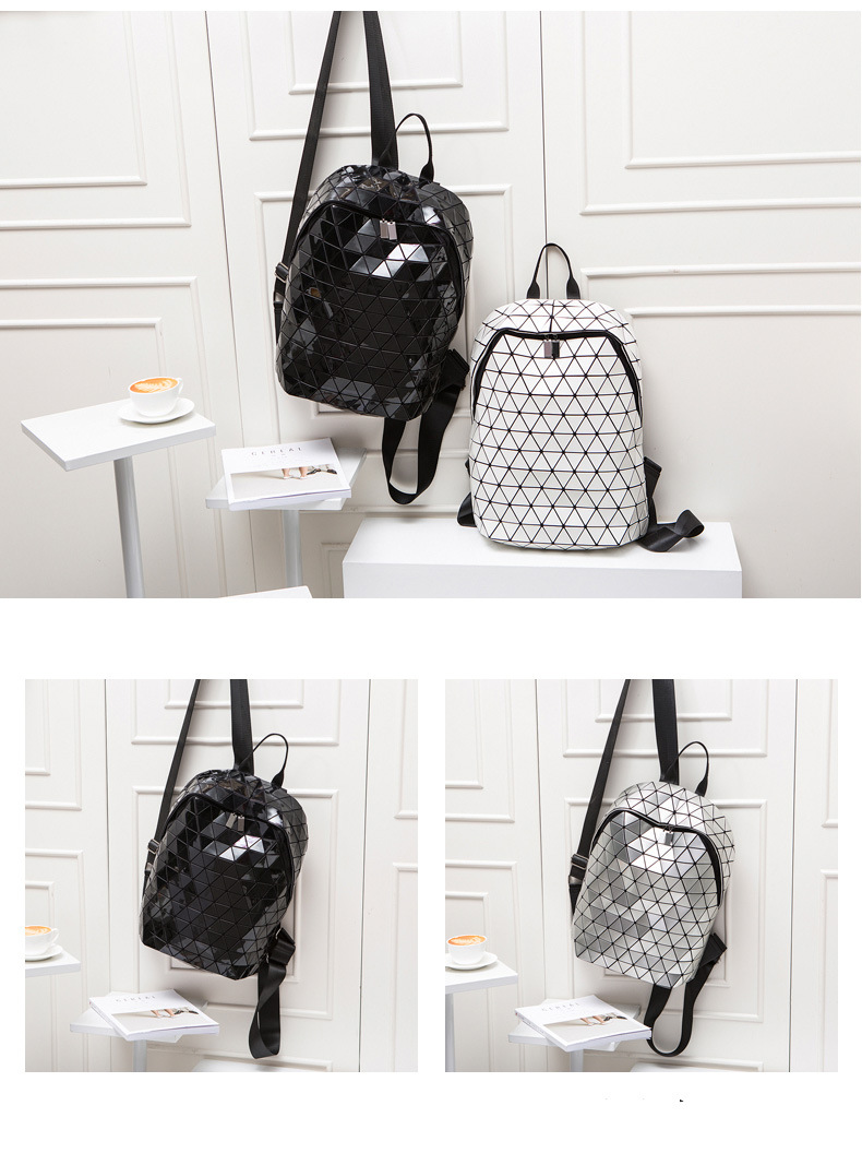 Mochila luminosa a laser geométrica feminina em PU com grade de diamantes da moda_voghion.com