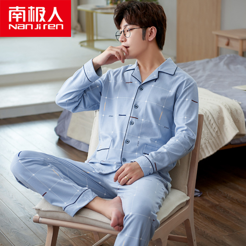 Men's pajamas, men's long-sleeved cotton...