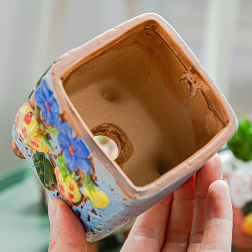 Featured square creative cute cartoon ceramic succulent plant pot with feet square succulent ceramic flower pot hand-painted pot