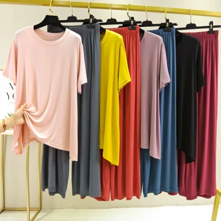 夏季新款拼色套装时尚撞色家居服套装圆领短袖蝴蝶结长裤两件套