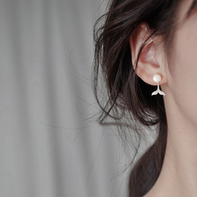 鱼尾耳环韩国气质网红珍珠不对称耳环女925纯银锆石耳钉