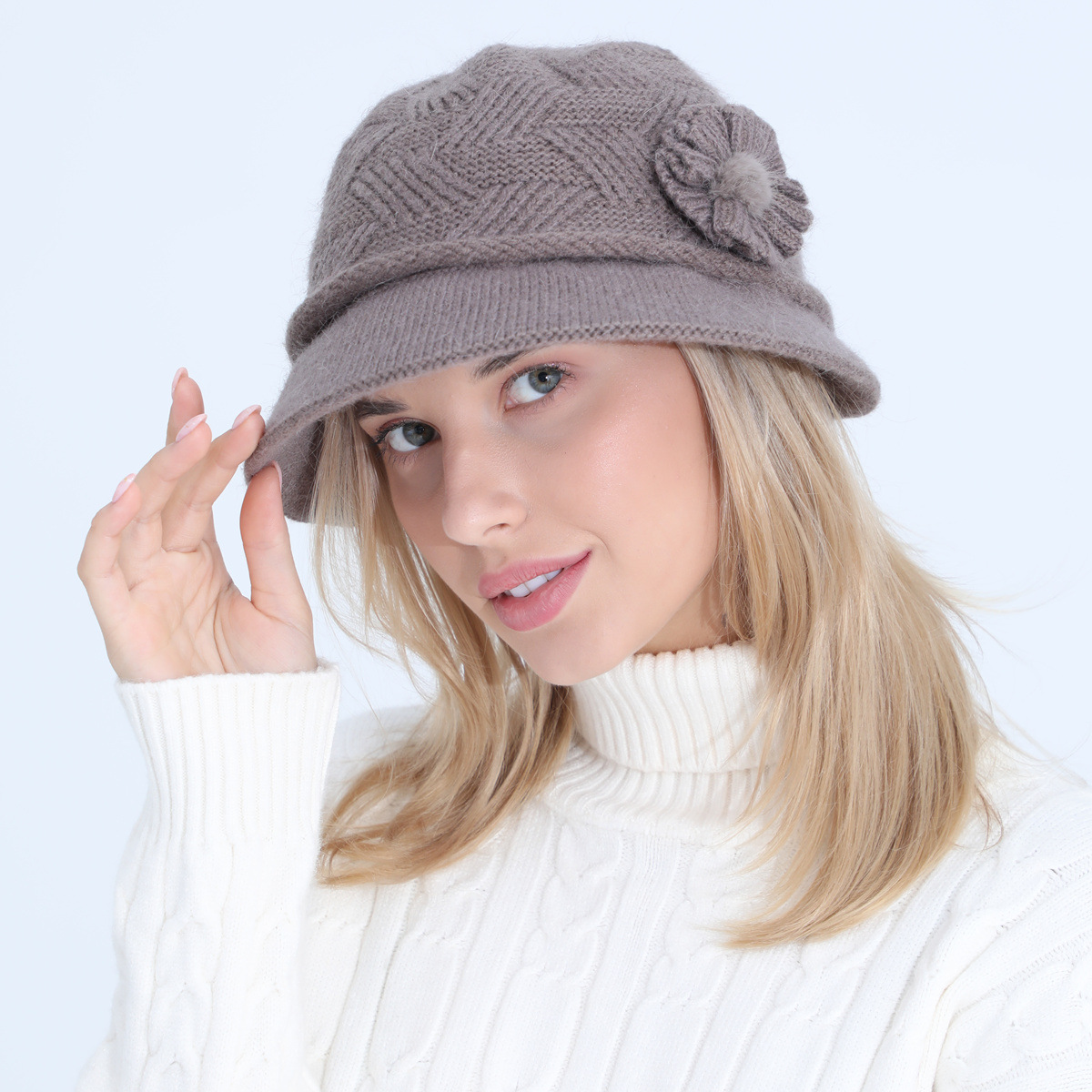 Gestrickte Damen Mütze Mit Kaninchenhaar Warm Für Den Winter_voghion.com