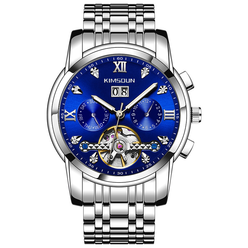 Kimsdun hombres correa de acero reloj mecánico automático calendario hueco volante impermeable reloj de pulsera mecánico K-1895A