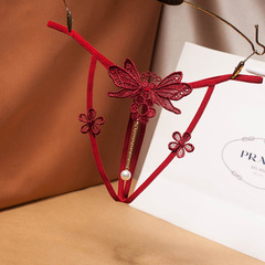 T-Back Temptation Panties for Women: Hollowed-Out Embroidered Thongs with Sexy Pearl Detailing, Transparent & Open-Crotch Design – Ideal for Intimate Moments, Model 2231