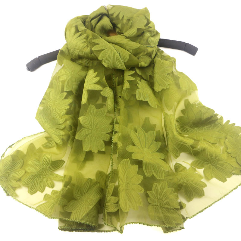 珠珠邊絲巾女韓版蕾絲剪花紗巾春秋歐根紗披肩镂空圍巾兩用長款