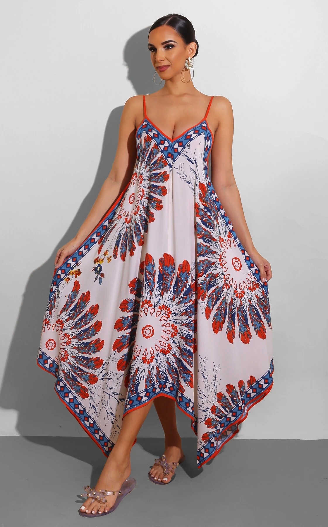 women s V-neck printing irregular big dress nihaostyles clothing wholesale NSXHX76781