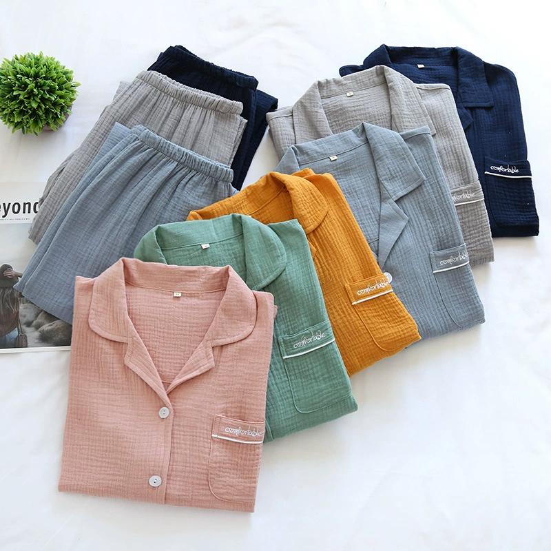 Пижамы для пар Весна Лето Осень Тканая хлопковая креповая Домашняя одежда Летняя тонкая выстиранная Марля Пижамы больших размеров для мужчин и женщин