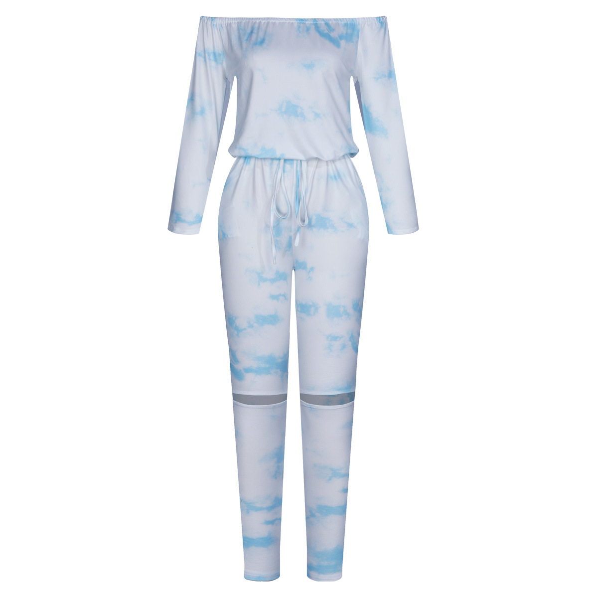 Fall Long Sleeve off Shoulder Lace up Pocket Ripped Tie Dye Jumpsuit