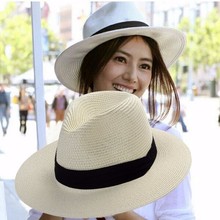 夏季可折叠黑白色平檐男女情侣海边草帽巴拿马礼帽遮阳帽子沙滩帽