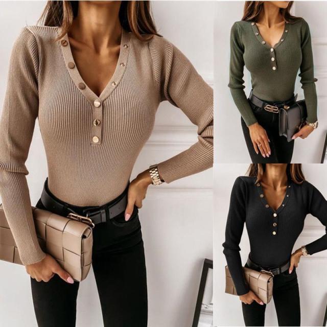 v-Neck Button Solid Color Base Shirt NSYF4055