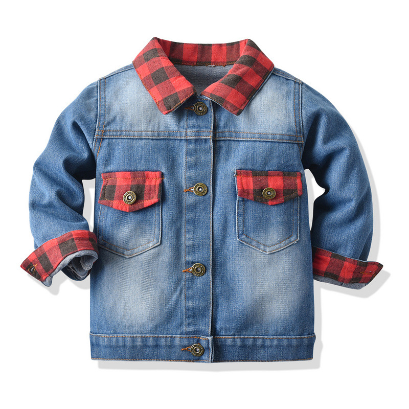 Foreign Trade Children's Wear Spring and Autumn New Boys and Girls Cotton Denim Jacket Baby Plaid Stitching Lapel Denim Shirt Top