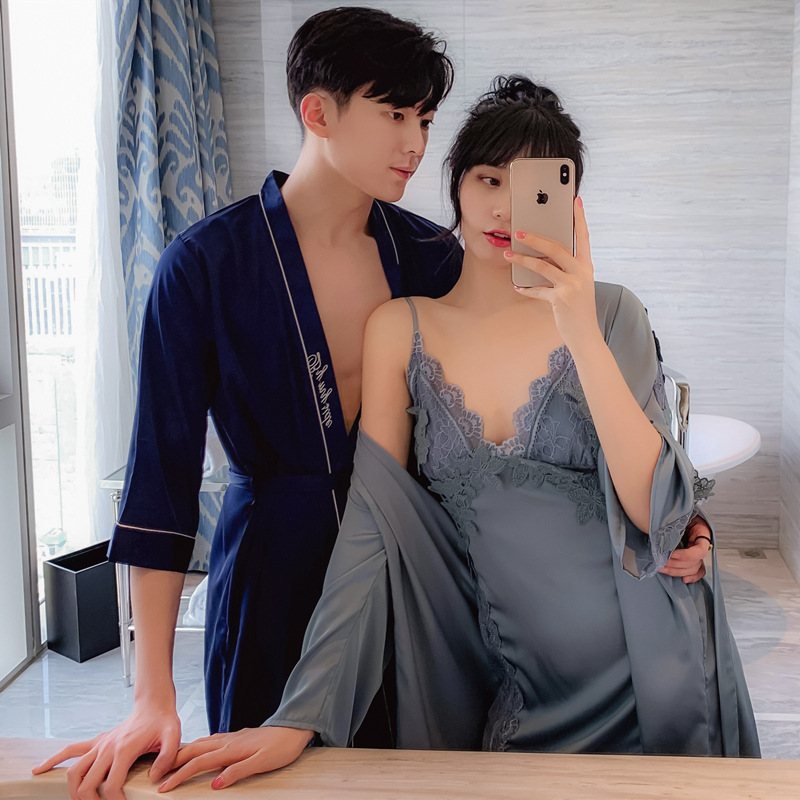 Women's summer sexy nightgown with chest pad two-piece suit men's home wear silk couple pajamas honeymoon