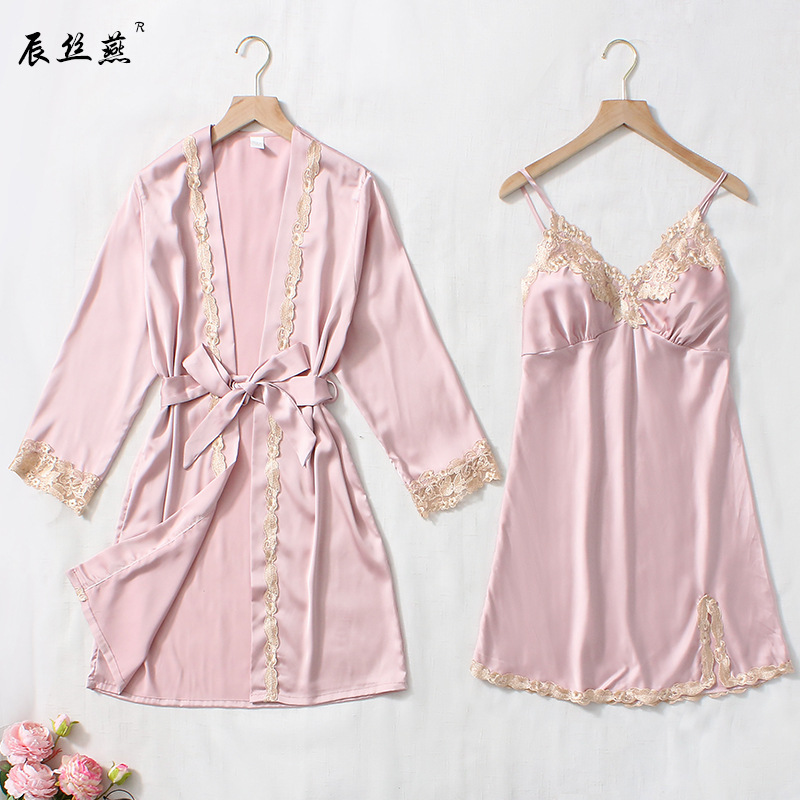 Spring and Summer 2023 New Sling Nightgown Two-piece Set Women's V-neck Home Clothes Silk Split Sexy Pajamas